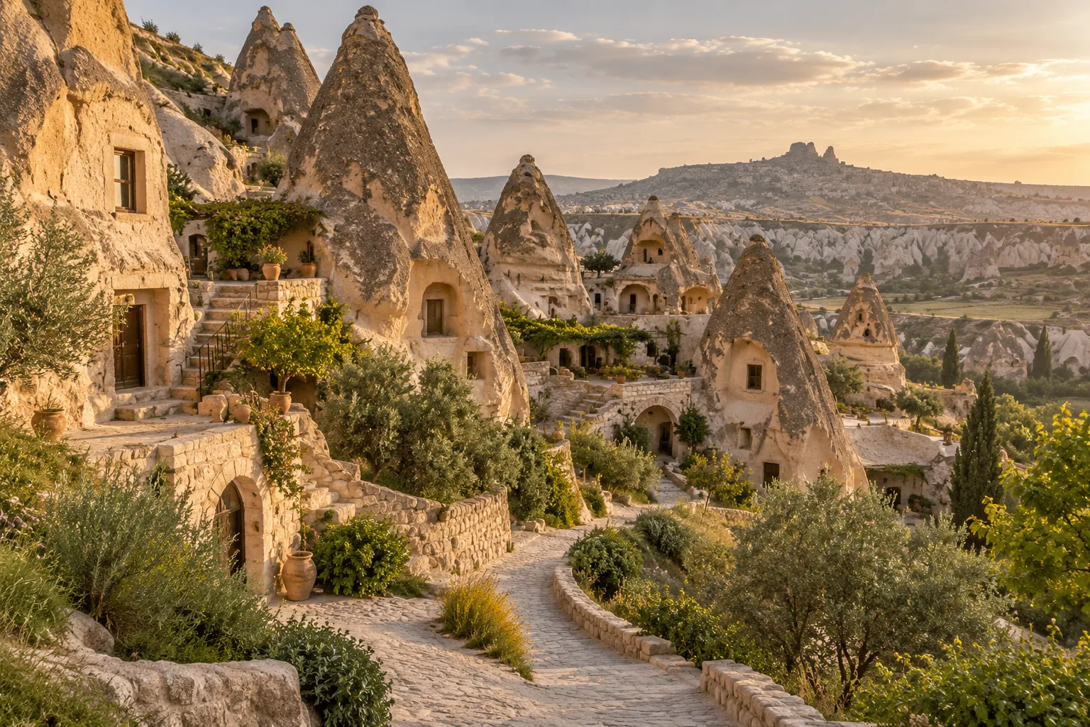 Ilustración de una elevación rocosa y casas de piedra en Capadocia